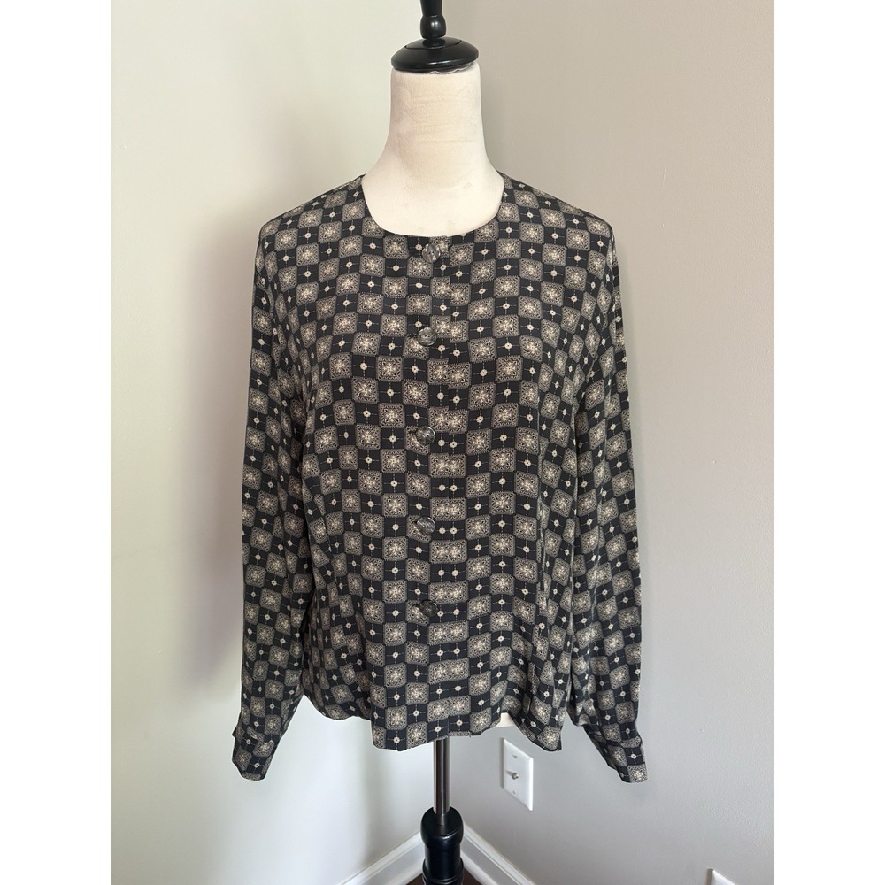 Vintage SILX by August Silk Blouse Black Geometric Medallion Tile Print Large
